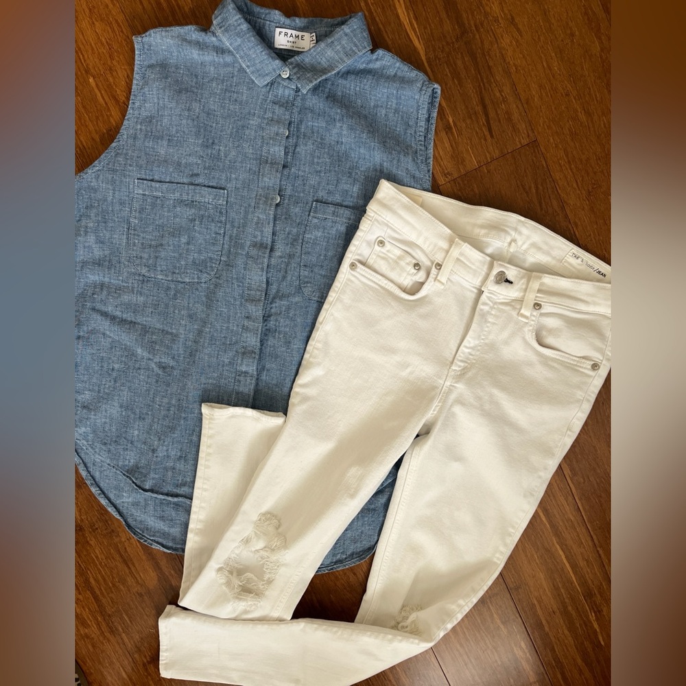 FRAME Top Women’s Chambray Denim Linen Blend Sleeveless Oxford SZ: M Buttondown